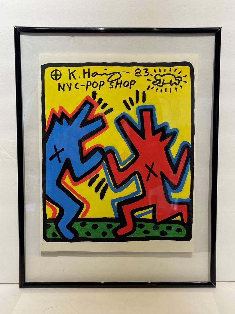 Keith Haring(after); 20thC. Felt -Tip Drawing: Felt-tip drawing on paper. Howling Dogs. 1983. After Keith Haring. Bears signature, artist's device and inscribed NYC-Pop Shop ; 10in. X 8in.(image), 13in. X 10.25in.(framed)