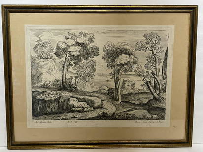 Giovanni Francesco Grimaldi; 17thC. Italian Etching: Giovanni Francesco Grimaldi(1626-1680) etching on paper(mounted to board). Seaside Landscape with Figures and Bull. Inscribed in plate: An, Carache delin. .35. D. - Masse. Sculp. Cum privil Regis.; 12