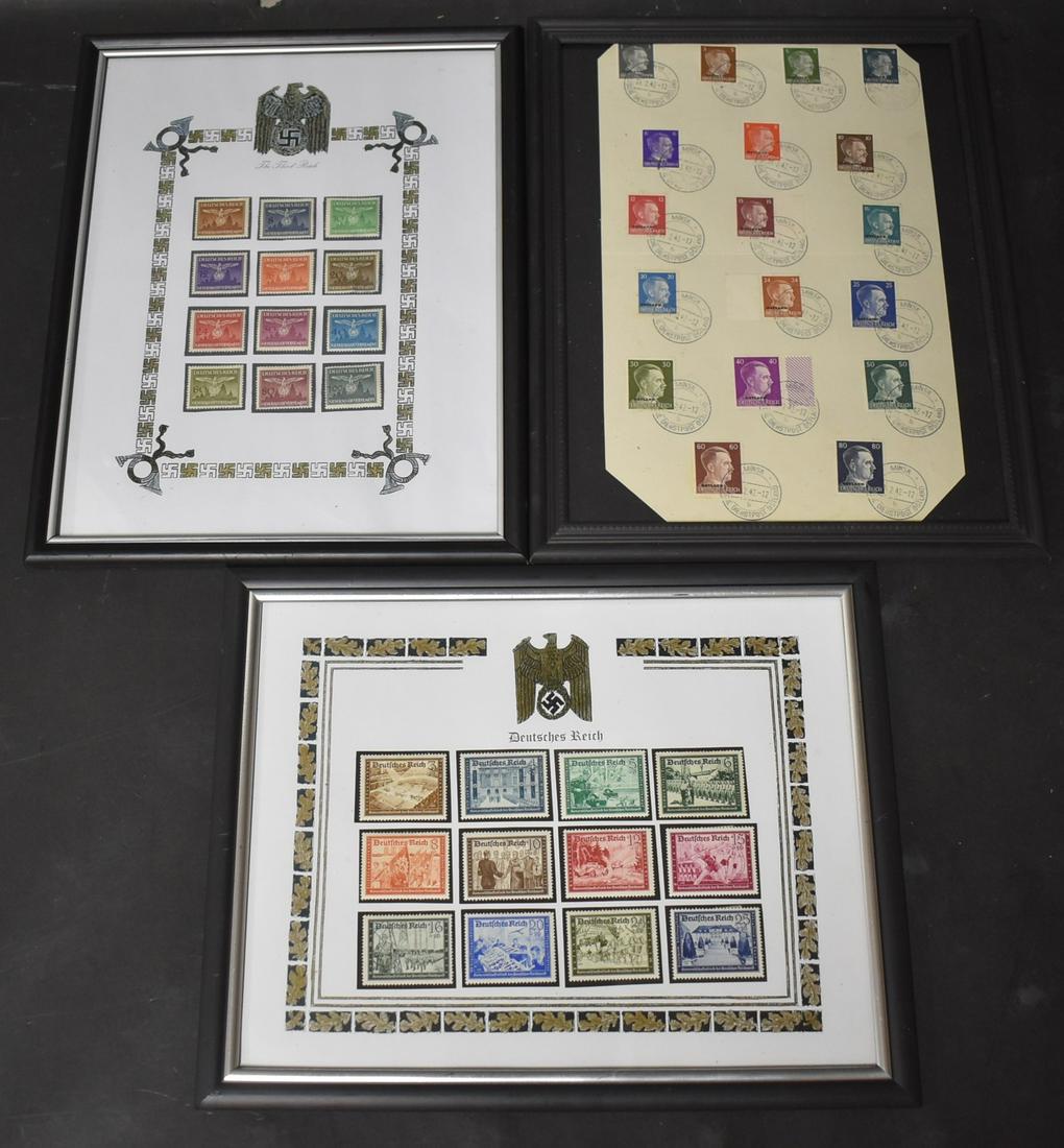 Three Different Frames of German Stamps: Official Stamp of Occupied Poland, complete mint set, framed; Special Cancel in the Soviet City of Minsk, 1942, complete set, framedand Hitler's Cultural Fund 1939-1941, complete set (framed) 9 1/2" x
