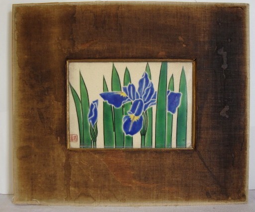 ORIENTAL HAND PAINTED TILE IRISES SGD.: Calligraphy signature. In original velvet frame, 5 ¾" H. x 8" W. (tile size)