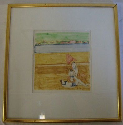 MATT PHILLIPS BEACH SCENE MONOTYPE: Green Sky", 1966, Signed and dated L. R. Marilyn Pearl Gallery (West 57th St.) NY label at the reverse. 9" x 8 ½"