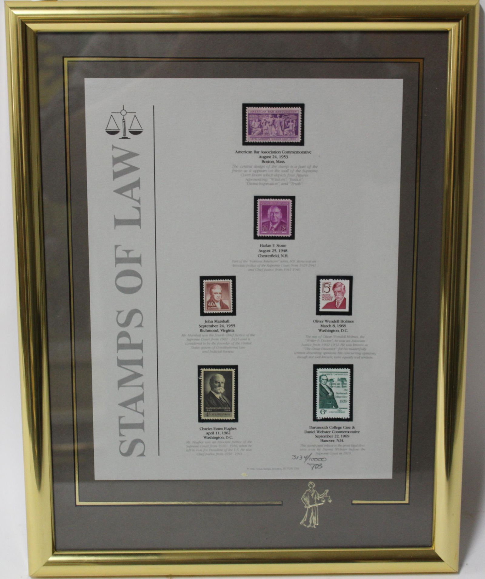 Stamps of Law. Ltd Ed. Framed.: Dated 1986. Texas Stamps, Houston. Limited edition 3134/10000. Includes stamps of prominent figures of American Law. Includes John Marshall, Daniel Webster, and Oliver Wendell Holmes. 17 in x 13 in.
