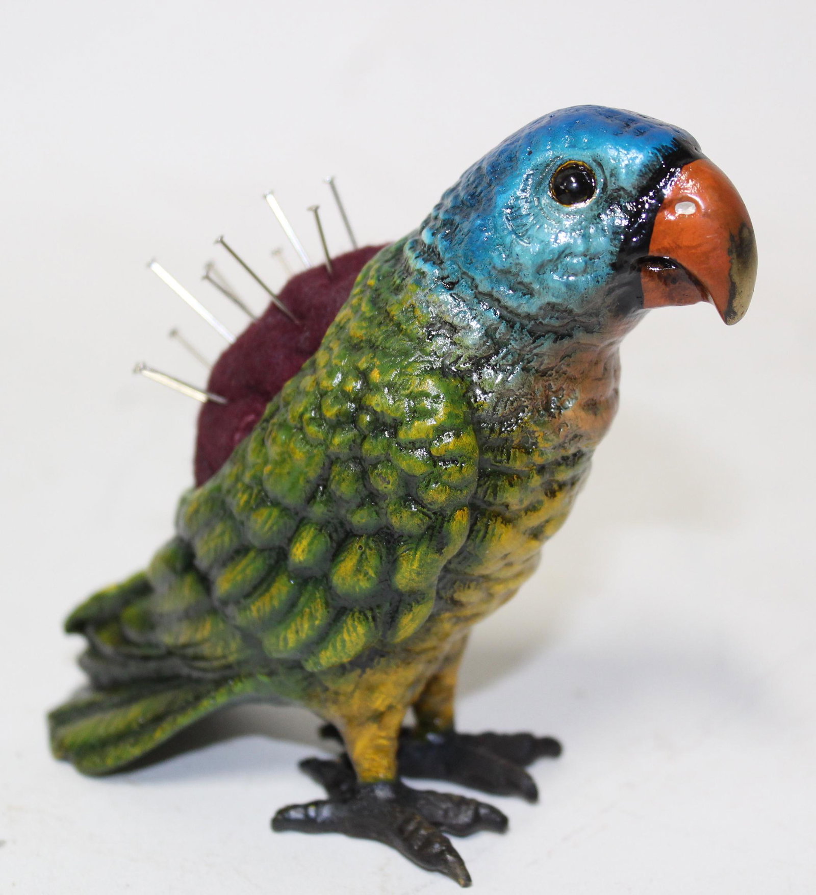 Vienna Bronze Parrot Pin Cushion.: 4" H