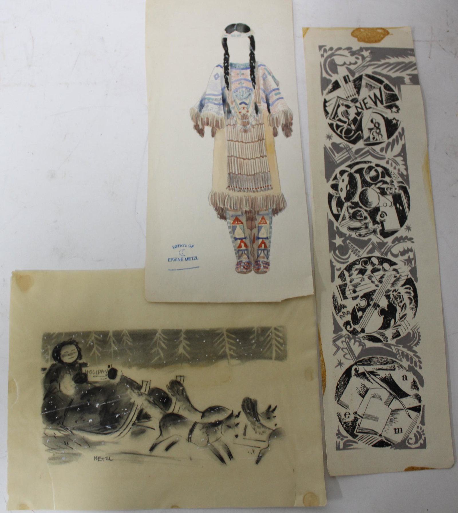 Ervine Metzl, Original Illustrations. (3): Illustration Indian Girl,12x6. Stamped Estate of Ervine Metzl front & Back. "Holiday" Girl on Dog Sled,8x11.. Sgd. Mezl. Original Illustration "For New Year". 16x 4 1/2. Stamped on Back Estate of Ervi
