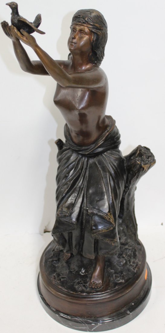 Marioton 19th C. French Bronze Sgd.: Sgd. Eugene Marioton. Sgd. in lower back of base. Subject is of a Hawaiian girl with a dove 23 in H.