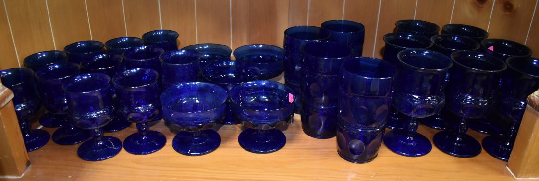 Cobalt Blue Depression Glass Goblets (38): 8 wine glasses. 4 Tumblers. 11 coridal glasses. 5 small footed cups. Several with a few minor chips.