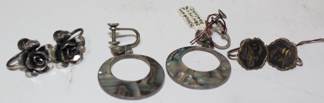 Sterling Silver Earrings (3): Mexican silver abalone. "oriental" With Floral Mark Jewel Marked Sterling.
