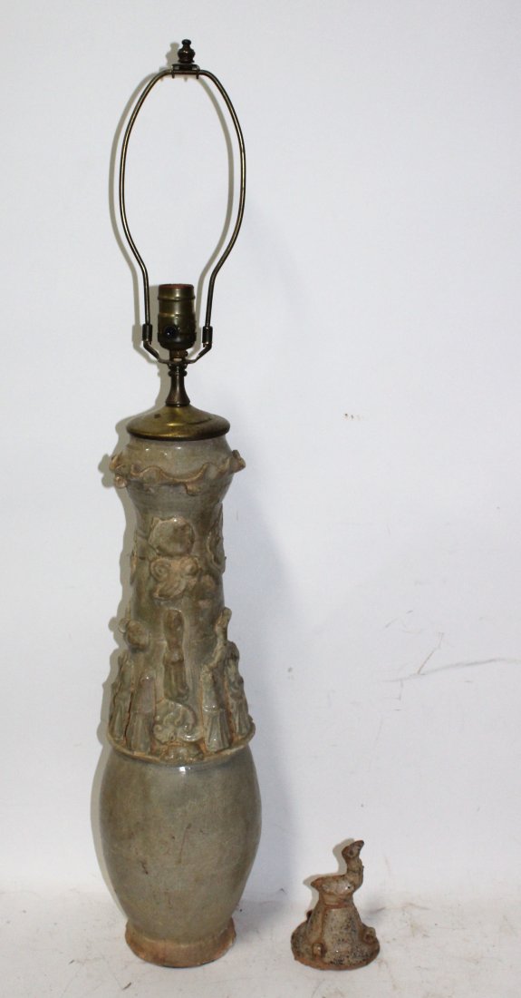 Biggest, Best 10th C. Tang Mortuary Vase: An 1100 year old, early 9th century Chinese temple vase , a holder of the remainsof one of royalty or importance. Lamp mounted now without bottom drilling, (easy to put as only a vase) this extraordin