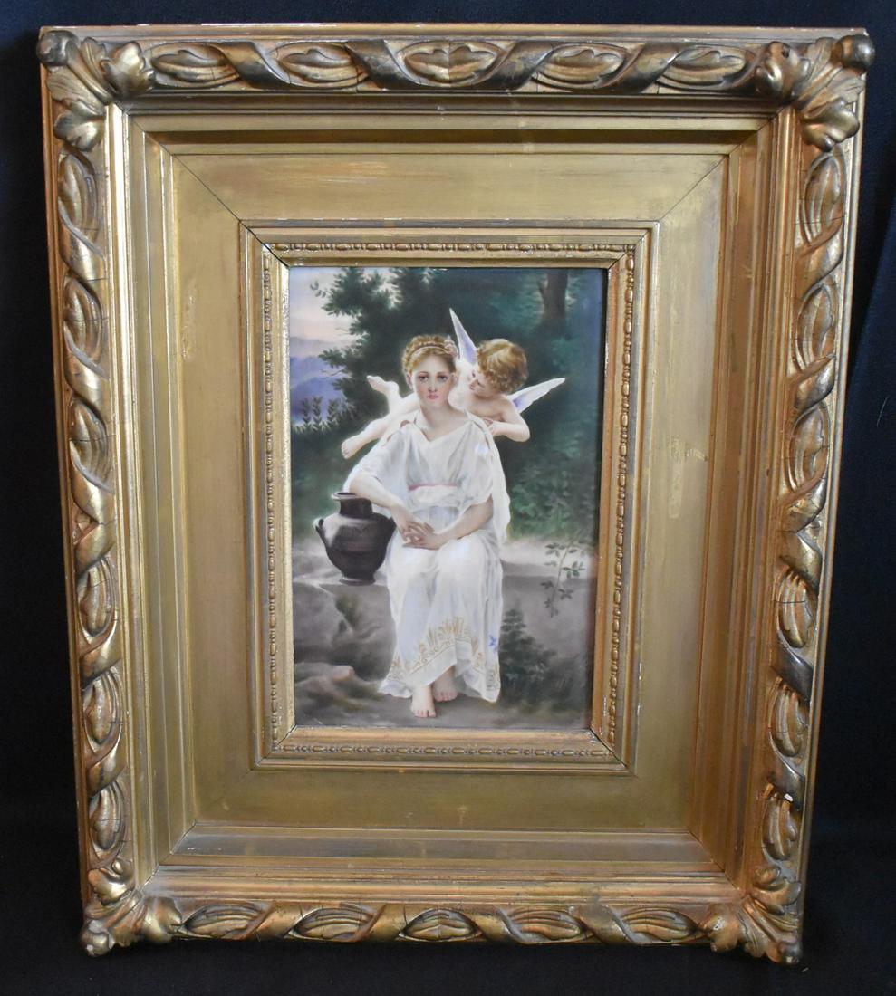 KPM Style Painting on Porc. of Cherubs: Carved Framed. Plaque size 9"H x 6"W. Overall 14.5"H x 11"W