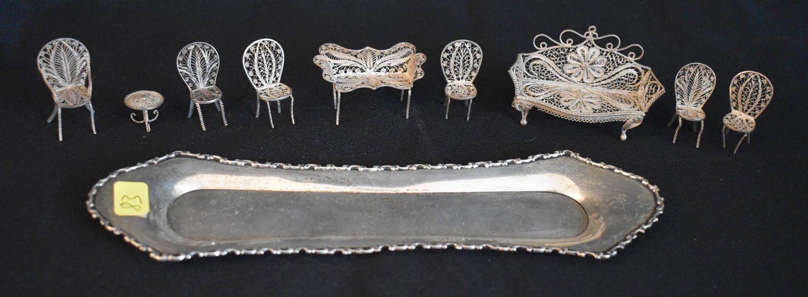 RW & S Sterling Tray and Miniature Settee Chairs (10): 2 Filgreed Settees 7 Chairs. Tray Marked Sterling RW & S Size 9"L x 3"W