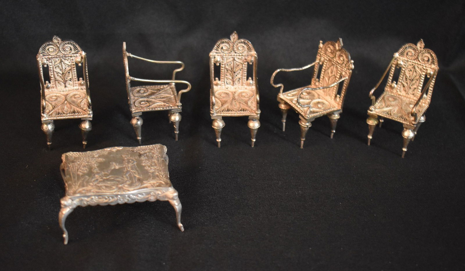 Antique Sterling Miniature Coffee Table and Chairs (5) (1 of 9)