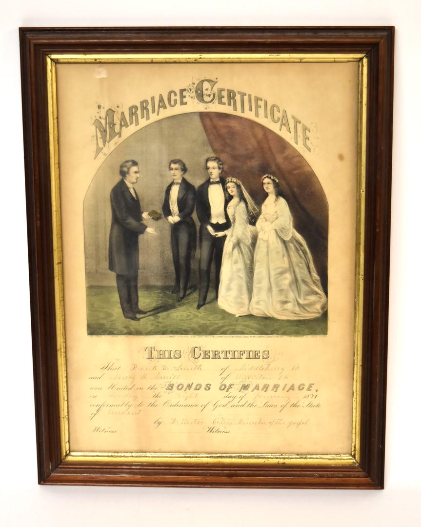 Antique Currier & Ives Marriage Certificate: Framed marriage certificate. 1871 Vermont; 15.5in. x 11in.(image), 18in. x 13.5in.(framed)