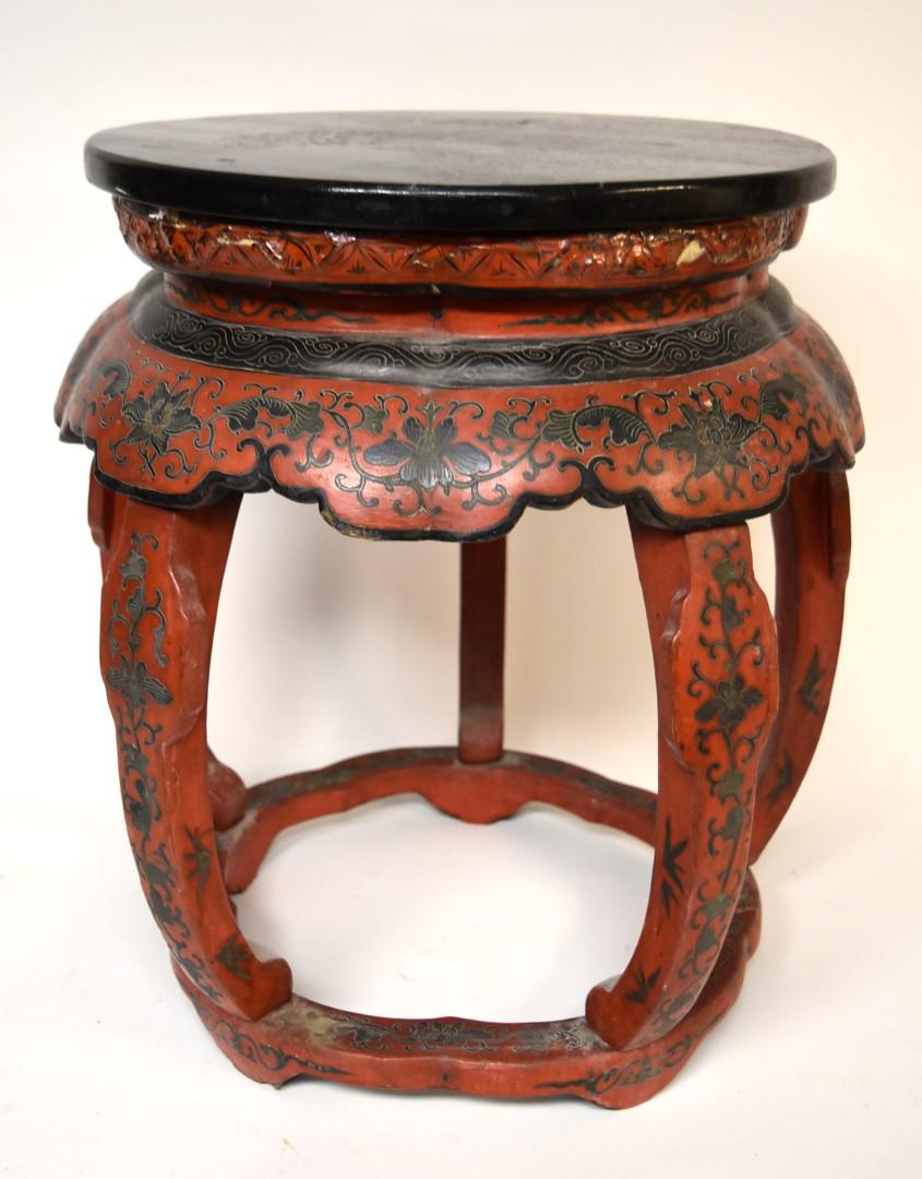Chinese Lacquered Garden Seat: Carved wood garden seat. Red and black lacquered design; 19.5in.H. x 17in.W.(needing minor restoration)