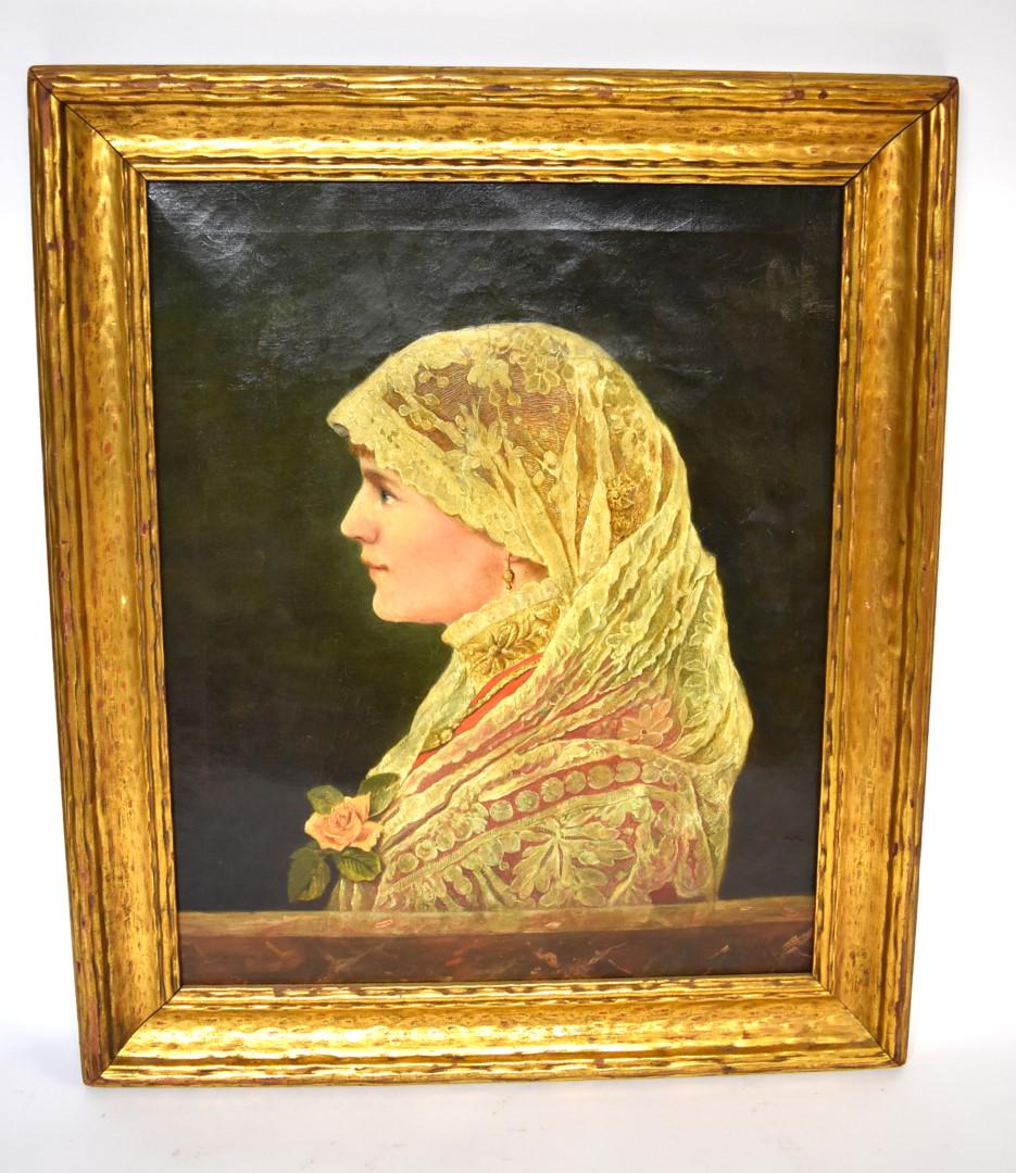 Hans Knochl; 19thC. Czech Oil Portrait of a Woman: Oil on canvas. Portrait of a woman. Signed with monogrammed initials lower right; 24in. x 20in.(image), 30in. x 25in.(framed)