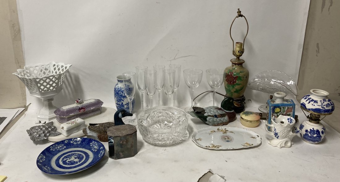 Dealers Lot of Misc Porc. and Glassware (25): Included in the lot is pr of Figural ducks marble box. a japanese cloisonne vase lamp. A marble Cheese platter. Art Deco WIne Glasses (2), Art deco Champagne Glasses (5) in good condition one is chipp