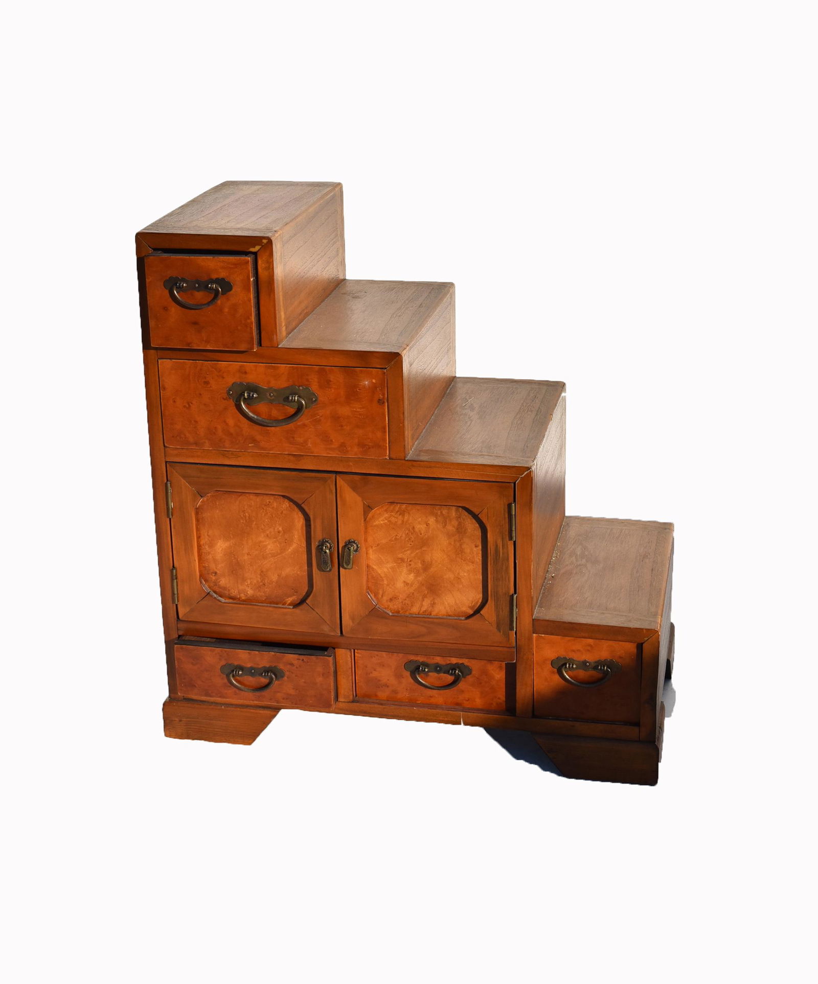 Korean Sandal Wood Cabinet: Fine sandalwood stepped cabinet. Two-sided cabinet with doors and drawers. Brass hardware; 29in.H. x 28in.W. x 14in.D.