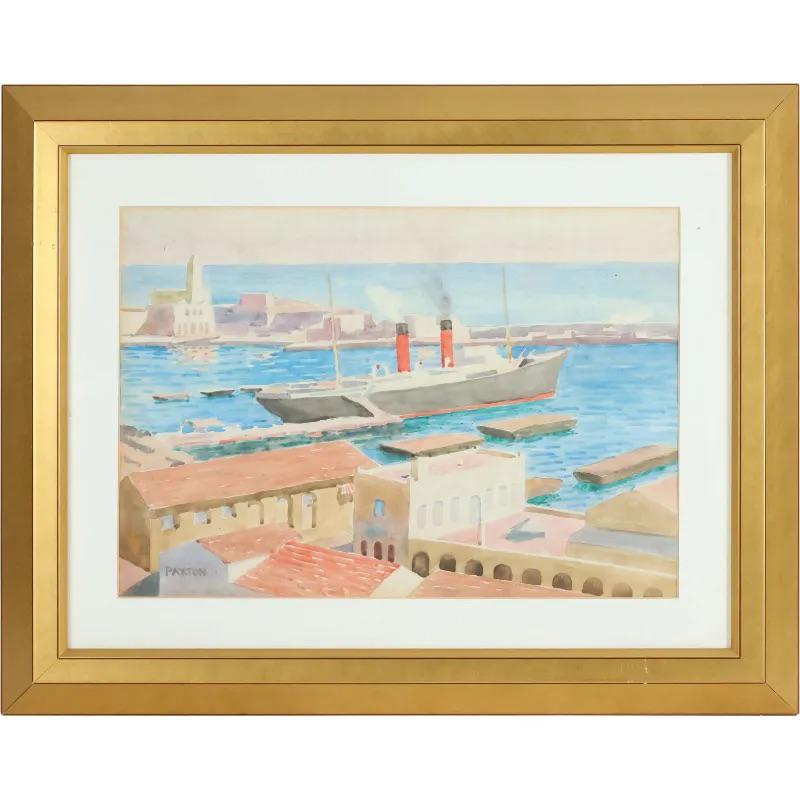 William Paxton; American Watercolor New York Harbor: William McGregor Paxton (1869 - 1941); Watercolor on paper. New York Harbor. Signed lower left; 12.5in. X 18in.(image), 20.5in. X 26in.(framed)