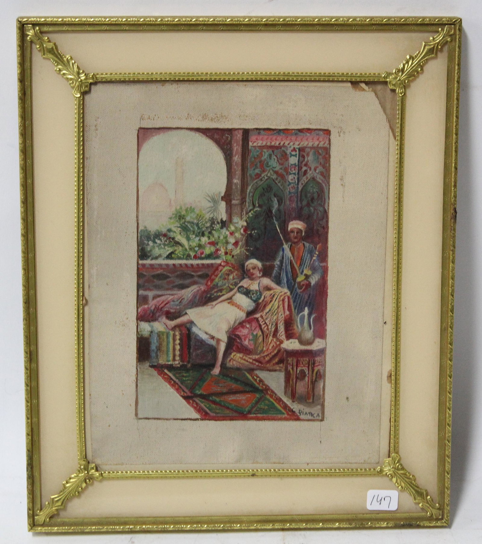 Dianca, G. Arabian Pastel, Signed: On paper/board, "reclining female" being fanned. Signed lower right C. Dianca. 9"H. x 7"W ( image itself) 9"H x 7"W ( paper/canvas)