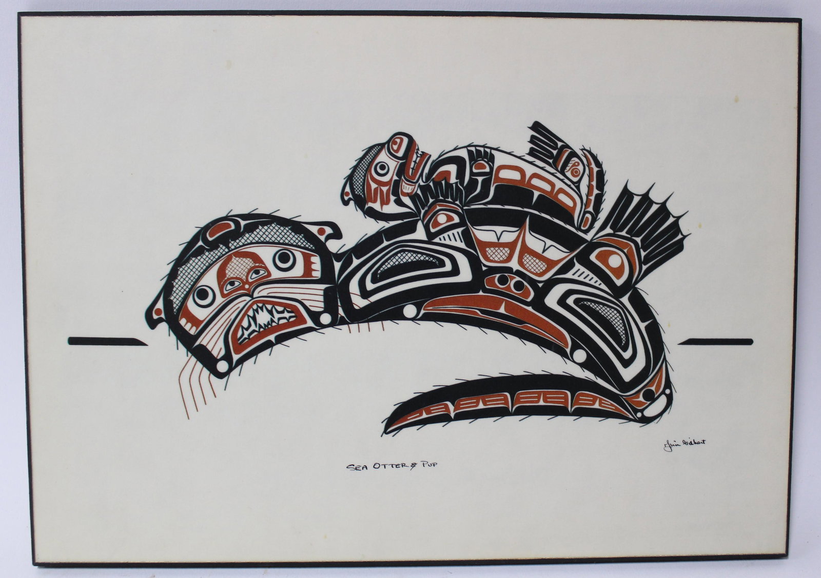 Jim Gilbert Sea Otter & Pup Plaque: A part of a series of plaques depicting Pacific Coast "Creatures". This wall plaque has the graphic dry pressure mounted to prevent delamination. Artist bio on the backside. 8.25 x 11.75.