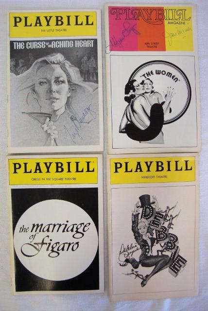9 AUTOGRAPHS INC. LOY & REEVES: On Playbills Faye Dunaway in blue ink (The Curse of an Aching Heart); Myrna Loy and Jan Miner in blue ink (The Women); Christopher Reeve in blue ink (The Marriage of Figuro) on cast page; Debbie Reyno