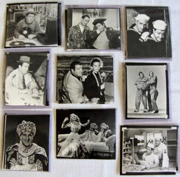 ABBOTT & COSTELLO NEGATIVES (SEVENTEEN): Each negative with a print. Various scenes from Ali Baba, In the Navy etc. One of Costello with a little Margaret O 'Brien etc. All 2 1/2" x 3" Excellent