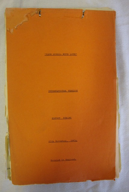 FROM RUSSIA WITH LOVE - SCRIPT 1963: United Artists International version. Dated Nov. 27, 1963. Pages for 13 reels, shooting & dialogue original script. Cover has separated. Pages frayed at edges. After The End. roller title says: Not Qu
