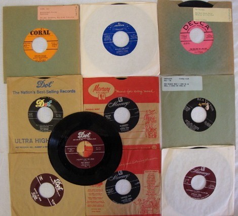 ELVIS, GEORGIA GIBBS, THE BUDDIES 45 RPMS: Elvis Presley - RCA - 47-6643; Georgia Gibbs - Mercury - 70920x45 (Happiness is a Thing Called Joe/Happiness Street; 70647-x45; 70517-x45 and c-30011 (Kiss of Fire/Ballin' The Jack - 1957; The Buddies