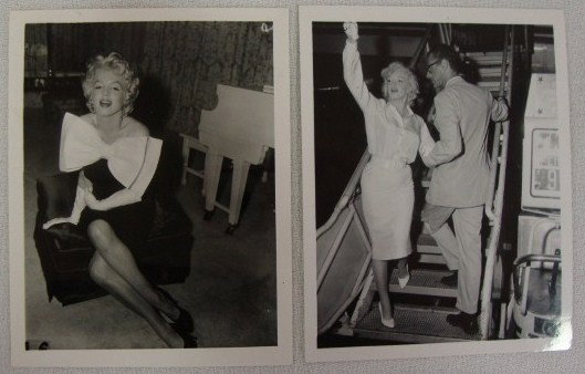 TWO RARE MARILYN MONROE ORIG. CANDIDS: One a 1959 candid in a dress with a large bow; one a candid with Arthur Miller boarding a plane in which he seems to be "steering her away" from the attention. Both 4" x 5" Excellent