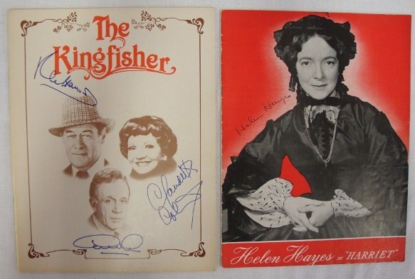 KINGFISHER AND HARRIET PROGRAMS SIGNED: The Kingfisher is signed on the cover by Rex Harrison, Claudette Colbert and George Rose. Harriet is signed on the cover by Helen Hayes.