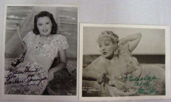 BARBARA STANWYCK. ANN SOTHERN - ISP'S: Signed in black ink - To Gene Hunt, From Barbara Stanwyck. Signed in green ink - To Gertrude Clayton, Cordially Ann Sothern. Both 8" x 10" VF-Excellent