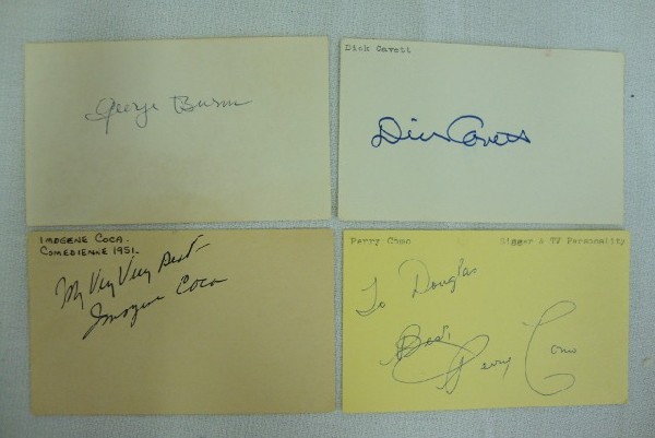 TV STAR AUTOGRAPHS - CAVETT, COCA, COMO, BURNS: George Burns in blue ink; to Douglas Best, Perry Como on a yellow card; My Very Very Best, Imogene Coca on manila card and Dick Cavett in bold blue ink on white card. All 5" x 3" VF