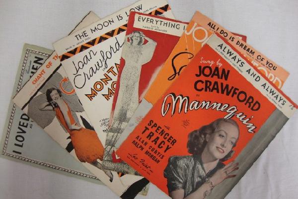 SHEET MUSIC. MOVIES WITH JOAN CRAWFORD (6): Always and Always (Mannequin); All I Do Is Dream of You (Sadie McKee); Everything I Have is Yours Dancing Lady); the Moon is Low (Montana Moon); Chant of the Jungle (Untamed); also in the lot is I Lov