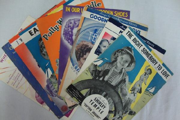 SHIRLEY TEMPLE SHEET MUSIC (10): The Right Somebody to Love; Military Man; Goodnight My Love; In our Little Wooden Shoes; Polly Wolly - Doodle; Early Bird; The Poor Little Rich Girl; I wouldn't Take a Million; Our Little Girl and Whe