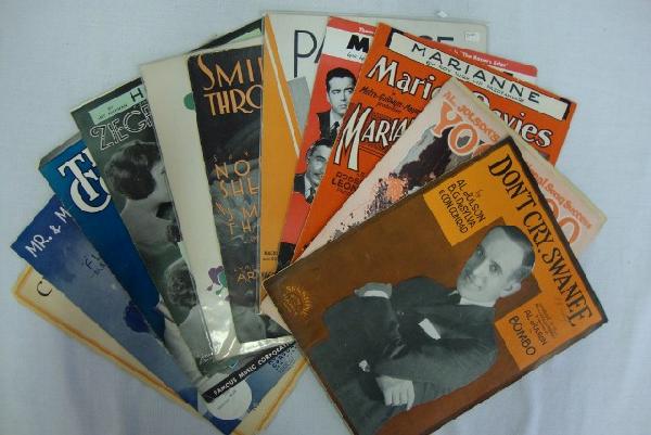 EARLY SHEET MUSIC OF THE MOVIES (12): Al Jolson - Don't Cry Swanee & Yoohoo; Marianne; (Marion Davies); Mam'selle; (The Razor's Edge); Paradise, Pola Negri; (A Woman commands); Blue is The Light; (Their Own Desire) - Norma Shearer; Smilin