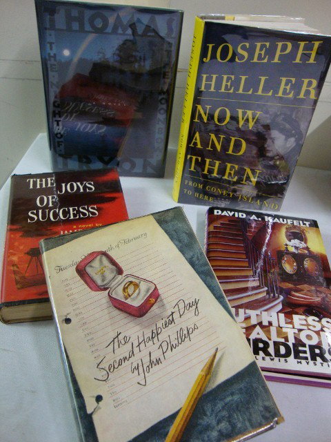 5 SGD. BOOKS -TRYON.HELLER.LORD.PHILLIPS ETC.: Thomas Tryon. The Night of the Moonbow. 1st Edition. Signed, Thomas Tryon and Dear Kath. This makes six. Upward and onward! Even Thine T.T. June 1989. Joseph Heller - Now and Then. Signed Joseph Helle