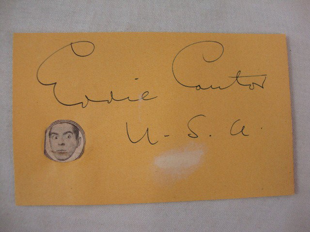 EDDIE CANTOR LOUISE BRAVERO AUTOGRAPHS: Signed Eddie Cantor U.S.A. on brown-orange paper. Reverse side has autograph of Louise Bravero. A candid photograph signed Sincerely, Louise Bravero. 3 x 5 and 3 1/4 x 4 1/2. VF