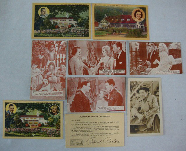 HOLLYWOOD POSTCARDS: Ranch Home of Clark Gable (Encino); Judy Garland residence (Bel Air); MGM postcard for Our Gang (we will be glad to send photo for ten cents….Sincerely MGM studios) MGM postcards for Woman Against W