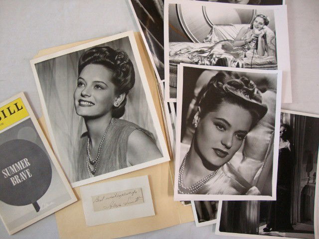 ALEXIS SMITH PORTRAIT-AUTOGRAPHS & STILLS: Double weight portrait. Cut SIGNATURE Best wishes always Alexis Smith on double stock paper affixed to card. 3 x 5. The lot also contains (10) 8 x 10 portraits and movie stills of Alexis Smith. VF