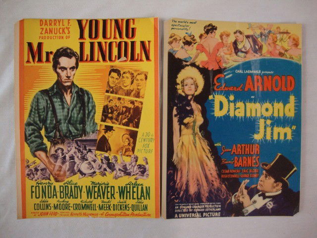 TWO MIDGET WINDOW CARDS: Diamond Jim MWC. Universal.1935. Edward Arnold. Jean Arthur. Binnie Barnes 7 3/4" x 10 3/4" VF-F; Young Mr. Lincoln MWC. 20th C. Fox Pictures.1939. Henry Fonda, Brady, Weaver, Whelan 7 1/2" x 10 3/4"