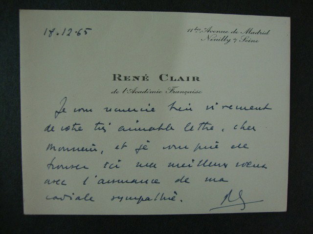 RENEE CLAIR ANS: Nov. 18, 1965 hand written in French on Rene Clair notecard. Signed with his initials RC. Clair was a French film maker whose first films in 1924, Entr'acte & Paris Qui Dort were followed by many othe