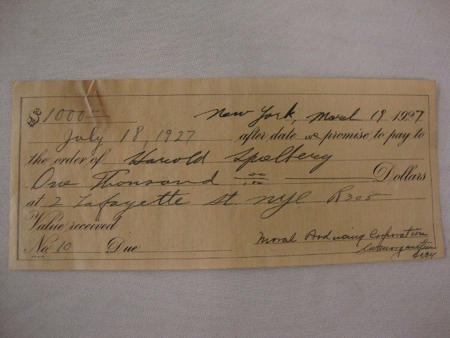 1927 SIGNED MAE WEST NOTE: New York. March 19, 1927 in the amount of $1,000. July 18, 1927 after date, we promise to pay to the order of Harold Spielberg One Thousand dollars at 2 Lafayette St. NYC R305 Moral Producing Corporat
