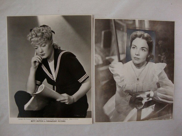 TWO VINTAGE PORTRAITS HUTTON & JONES: 1942 Betty Hutton vintage photograph for Paramount Pictures. Double weight. 7 1/2" x 9 1/2" VF. 1949 Jennifer Jones publicity photo for Portrait of Jennie. Date stamp for Mar. 30, 1949 7 1/2" x 9 1/2"