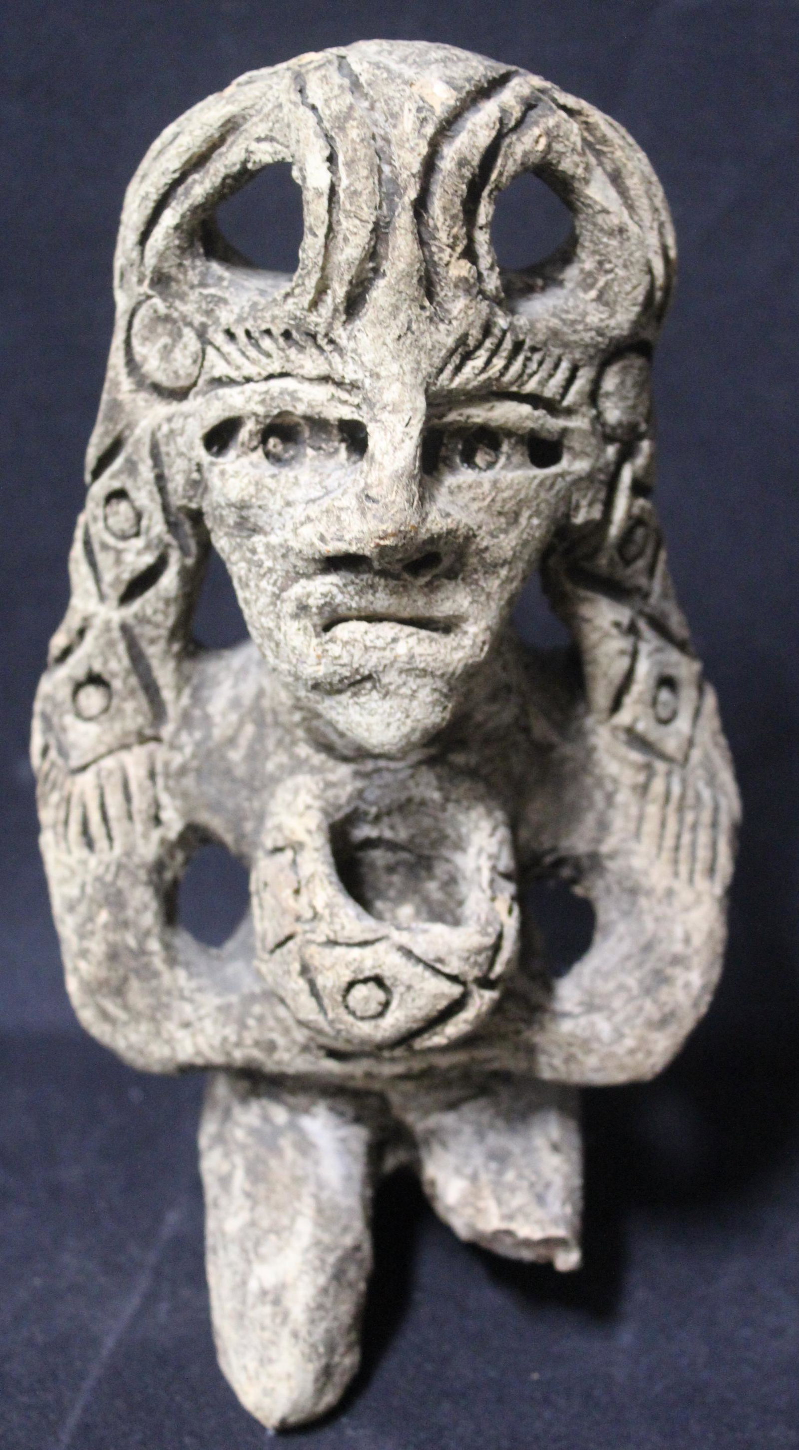 Pre-Columbian Clay Figure: Damage to one of the legs of the statue. Visible in photograph 7.5 in H.