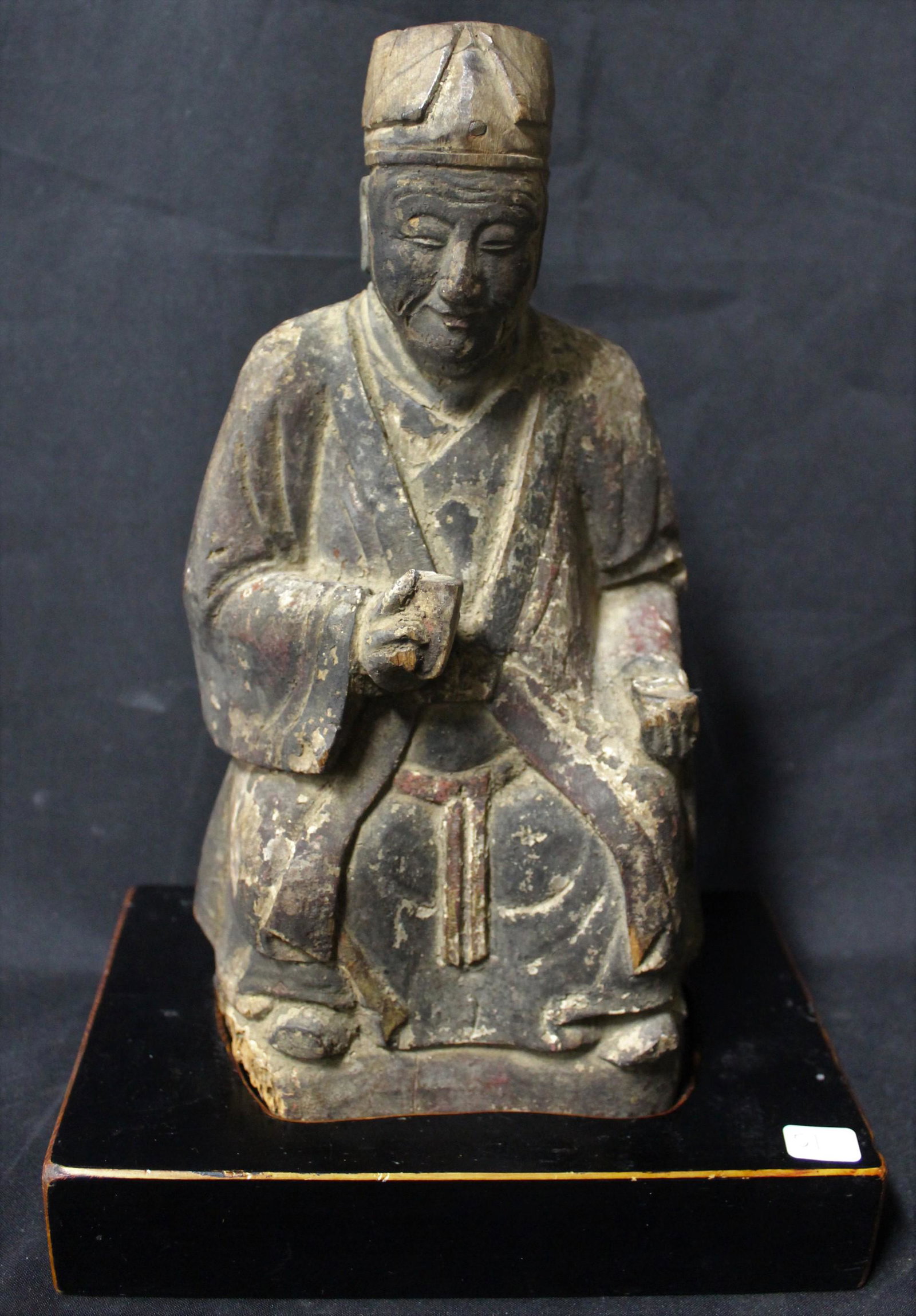 Chinese Carved Wooden Temple Figure: Perhaps Ming Dynasty. Remants of lacquer. With stand. 11 in H without stand.