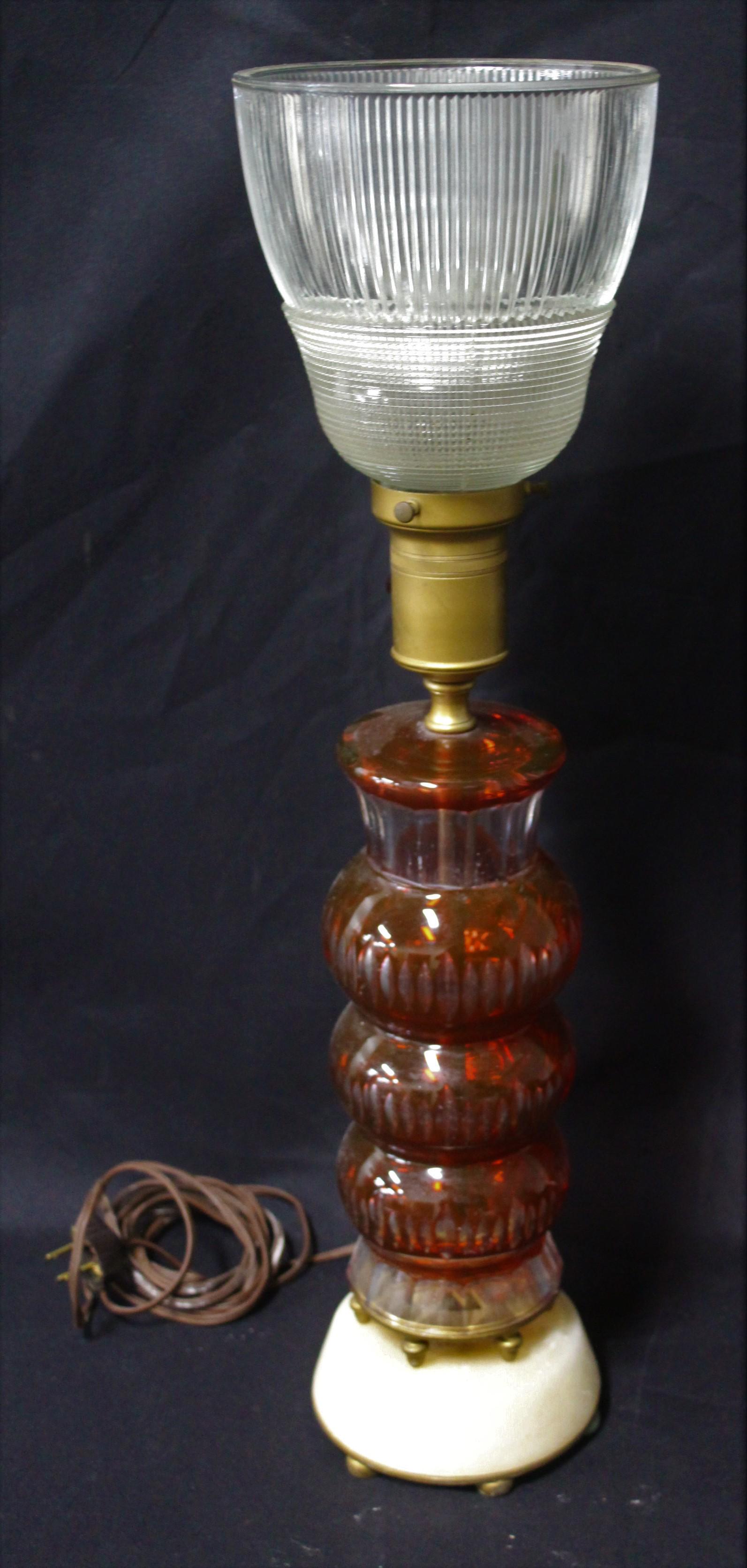 Antique Cranberry Cut-to-Clear Table Lamp: With glass shade. 23.75 in H.
