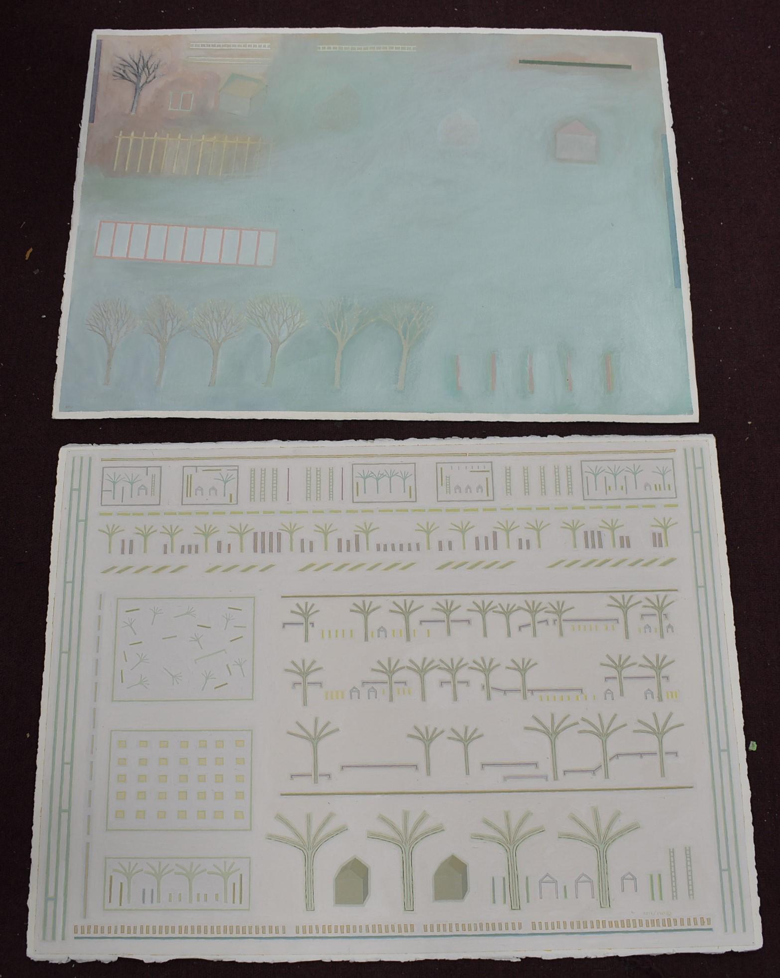 Randall Reid MCM Gouaches on Paper (2): Entitled Hoed Garden and one untitled. Both signed. 22" x 29" Two in the lot.