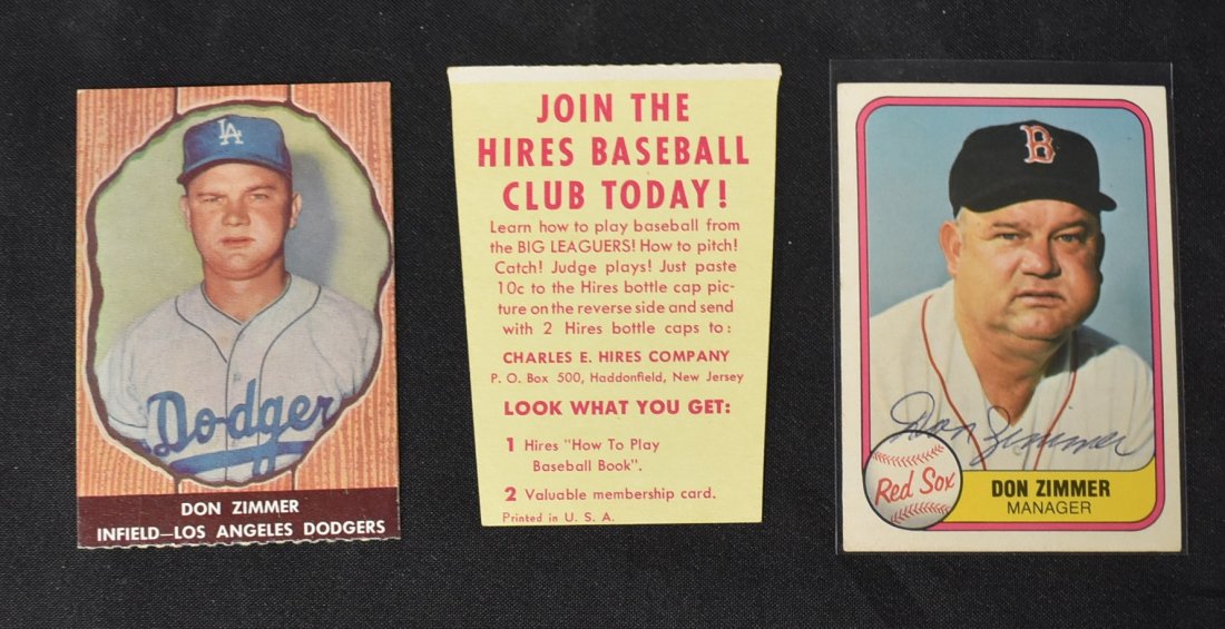 1958 Hires Zimmer with Tab and '81 Autograph (2): 1958 Hires Root Beer Don Zimmer with tab and 1981 Fleer autograph guaranteed authentic. HIres Root Beer is scarce with tab.