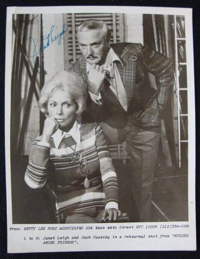 JANET LEIGH SIGNED PHOTOGRAPH: With Jack Cassidy in a rehearsal shot from Murder Among Friends. Signed in turquoise ink Janet Leigh. 8 x 10. VF