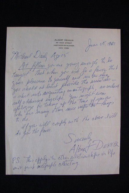 ALBERT DEKKER "NOT SO NICE" ALS: Hand written on imprinted Albert Dekker stationery dated June 25, 1963. To Michael Daily - age 15 At fifteen you are young enough to be taught that when you ask for a favor that gives pleasure to your