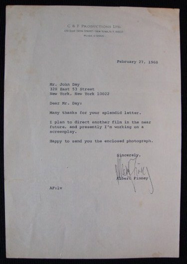 ALBERT FINNEY TLS: Written Feb. 27, 1968 on C&F Productions Ltd. Letter head 120 E. 56th St. New York. "To Mr. John Day Many Thanks for your splendid letter. I plan to direct another film in the near future and presentl
